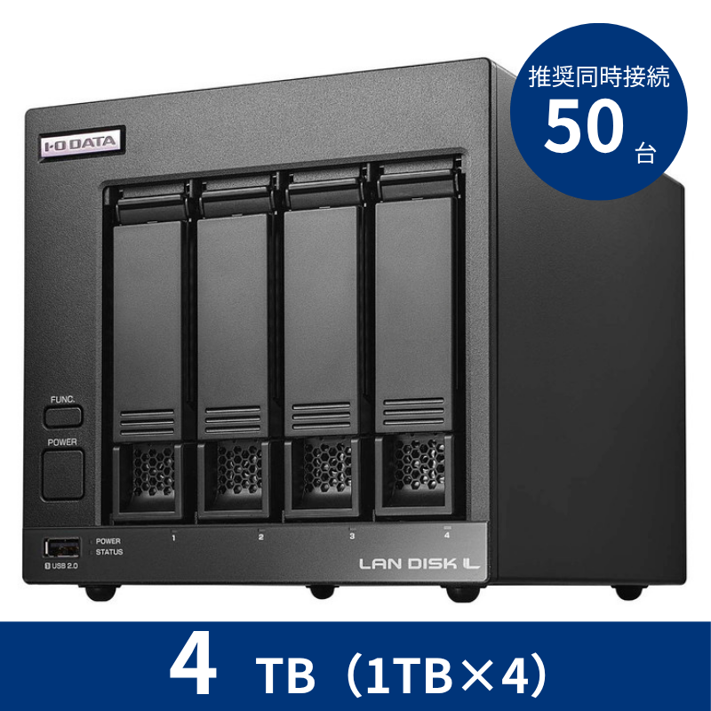 HDL4-LV04／4TB 推奨同時接続台数～50台 4ドライブNAS（1TB×4）
