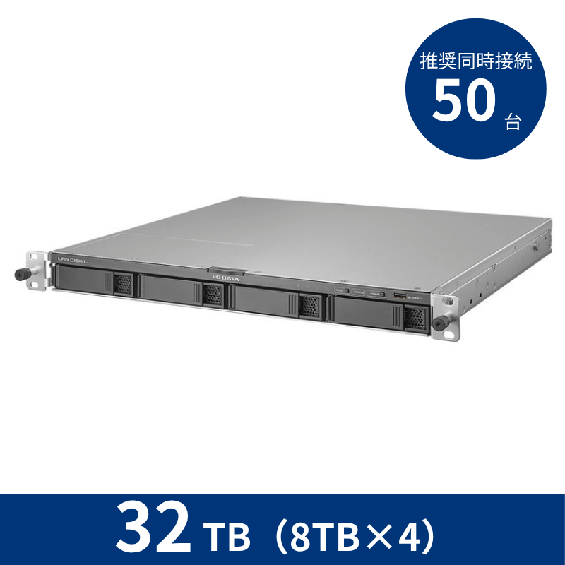 HDL4-LV32U／32TB 推奨同時接続台数～50台 4ドライブラックマウントNAS（8TB×4）