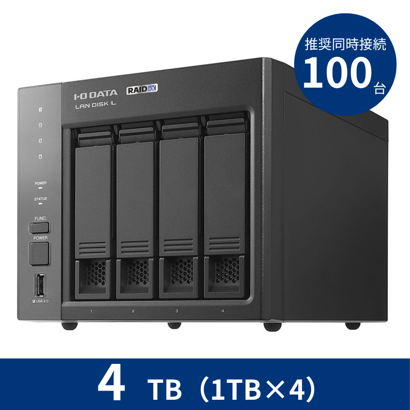 HDL4-LX04／4TB 推奨同時接続台数～100台 4ドライブNAS（1TB×4）