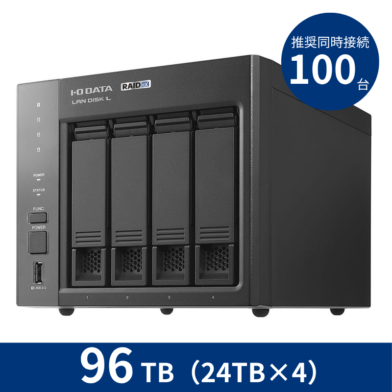 HDL4-LX96／96TB 推奨同時接続台数～100台 4ドライブNAS（24TB×4）